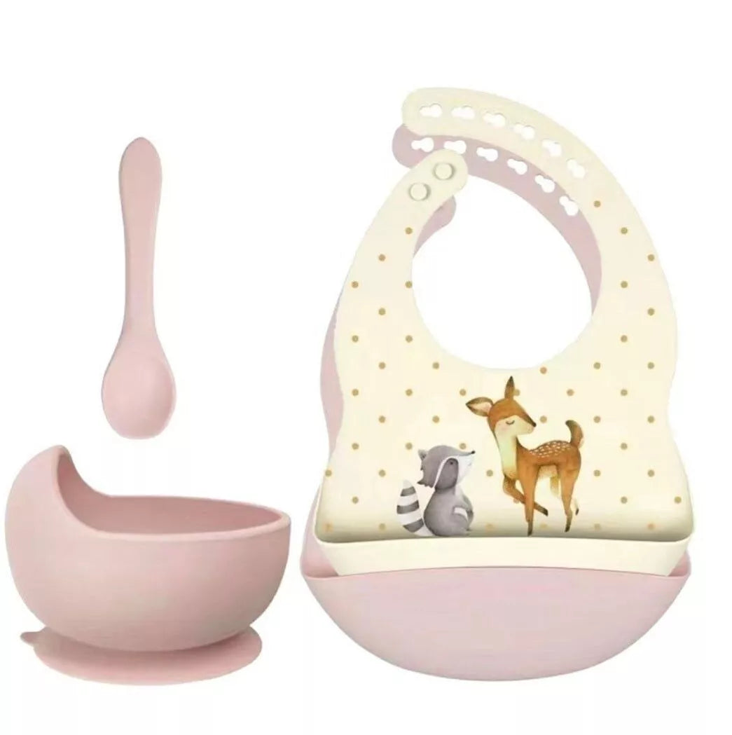 Kit de vaisselle en silicone couleur rose avec des motifs de faon